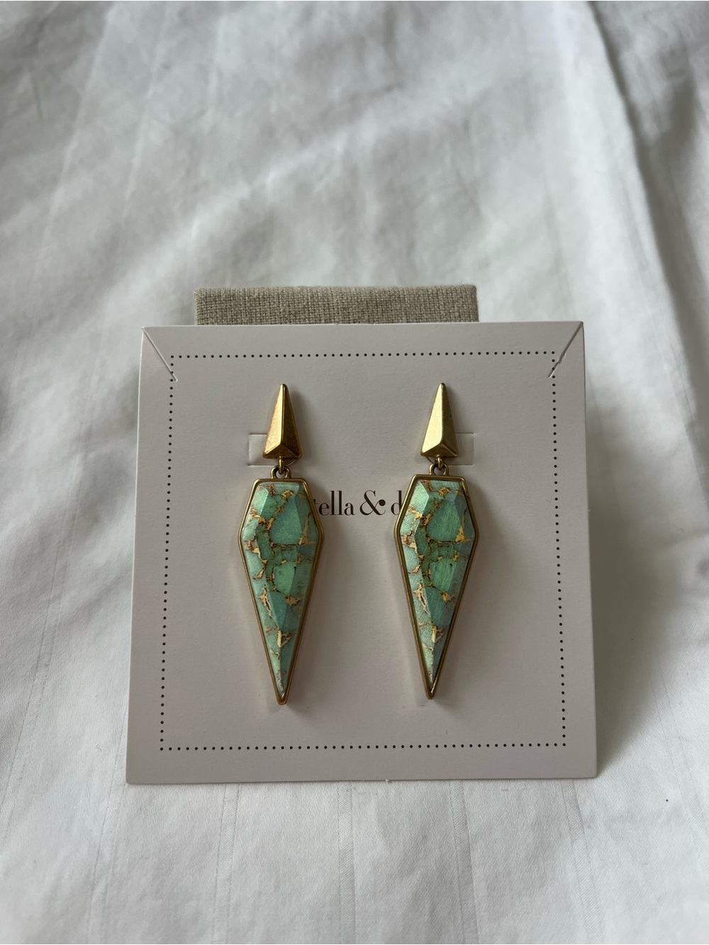 Stella & Dot Gold and Turquoise Marble Pointed Drop Earrings - Picture 2 of 4